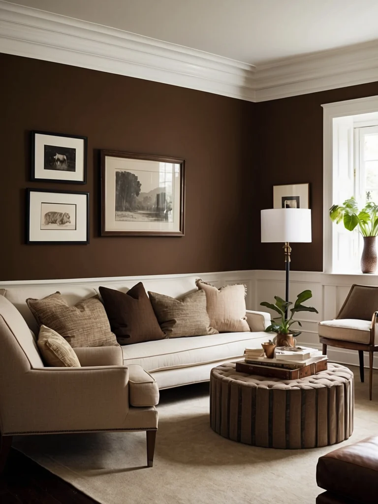 Brown Walls with White Trim for a Crisp Finish