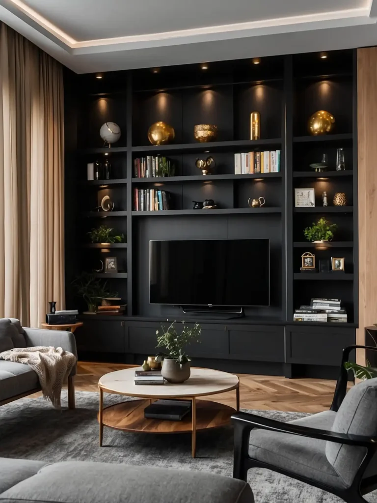 Black TV Wall with Built-In Shelving