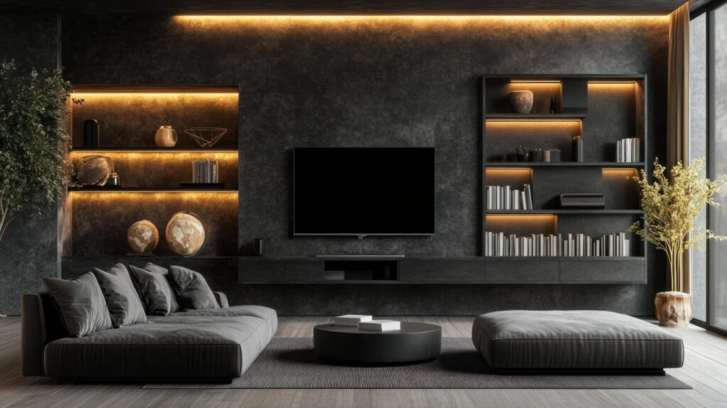 Black TV Wall with Floating Shelves