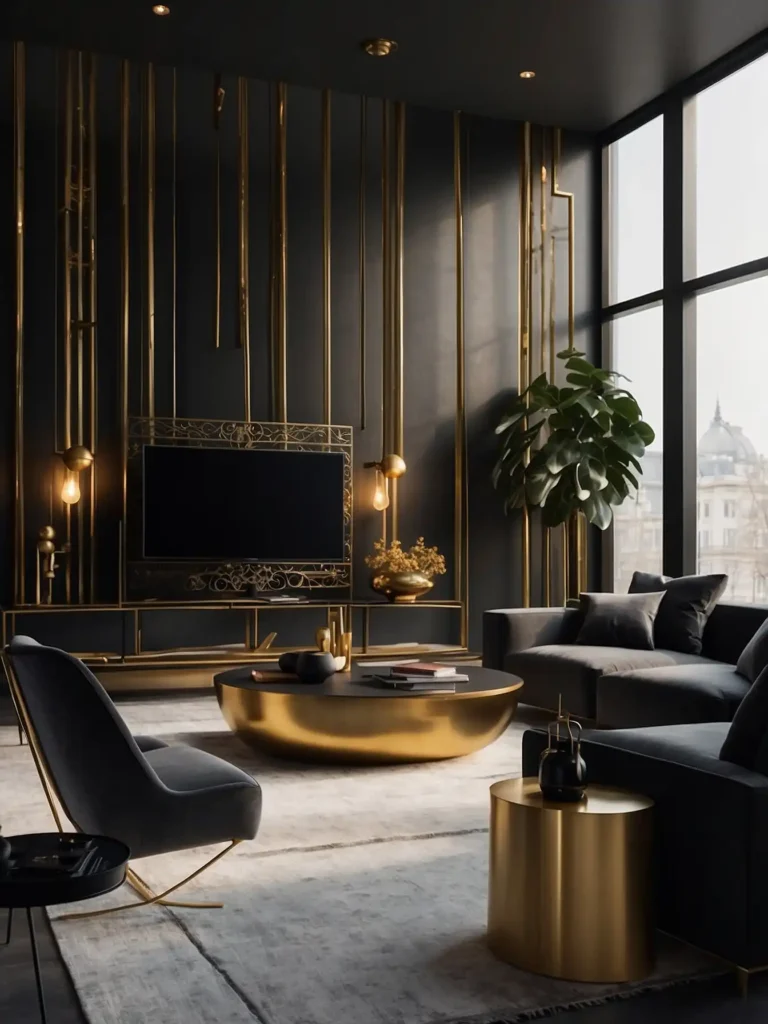 Black TV Wall with Gold or Brass Decor