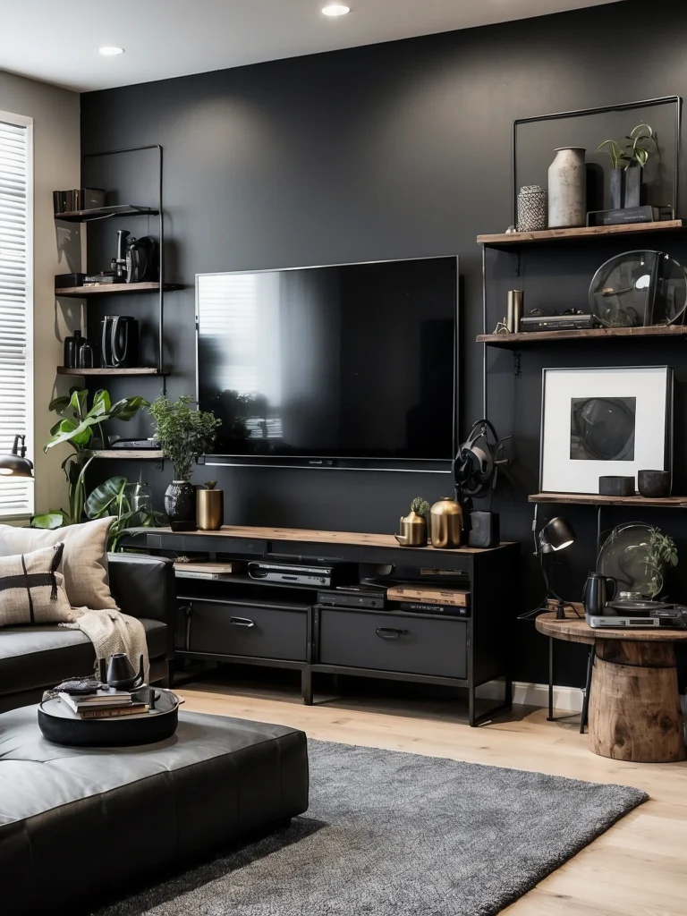 Black TV Wall with Industrial Touches