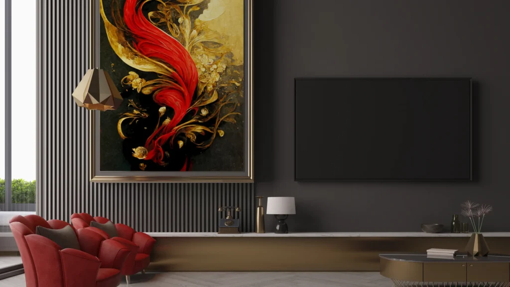 Black TV Wall with Large Artwork Display