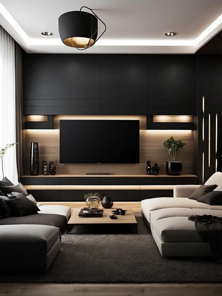 Black TV Wall with Layered Lighting Design