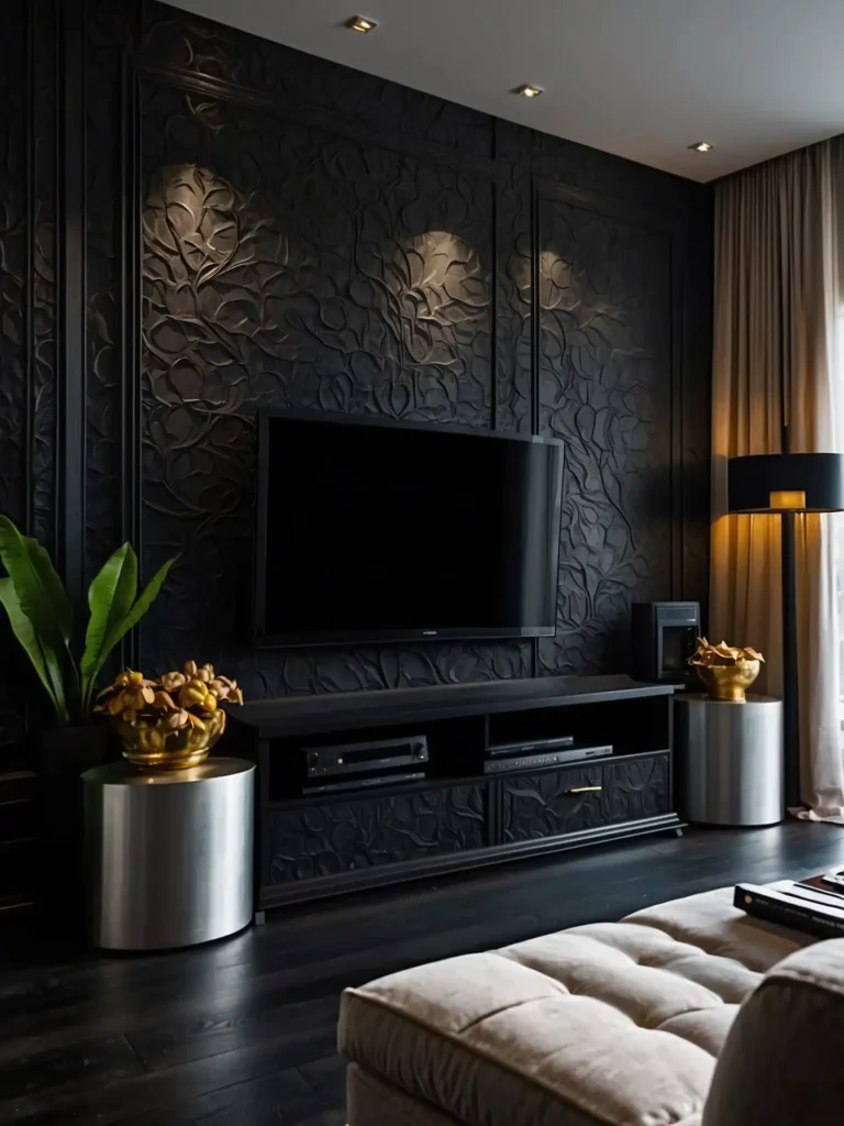 Black TV Wall with Textured Paint Finish