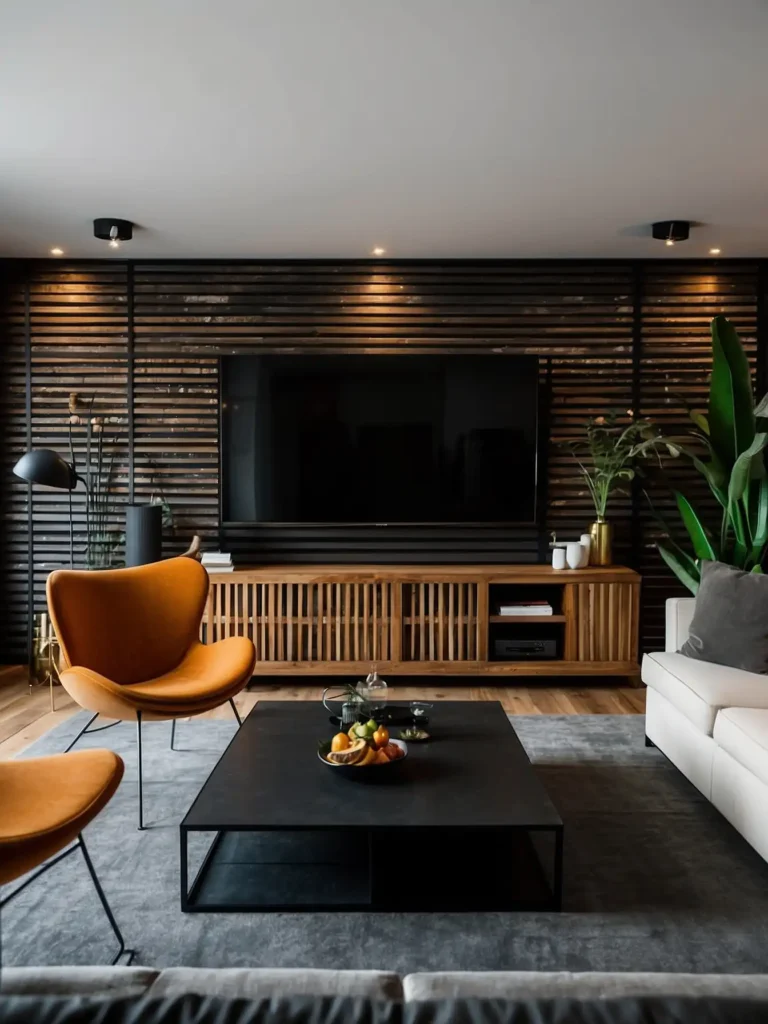  Black TV Wall with Wood Slat Panels