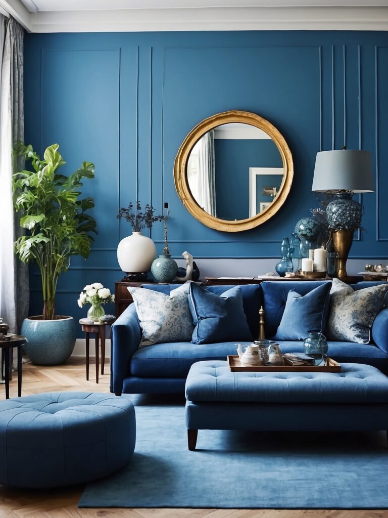 Blue Wall Living Room with a Large Mirror