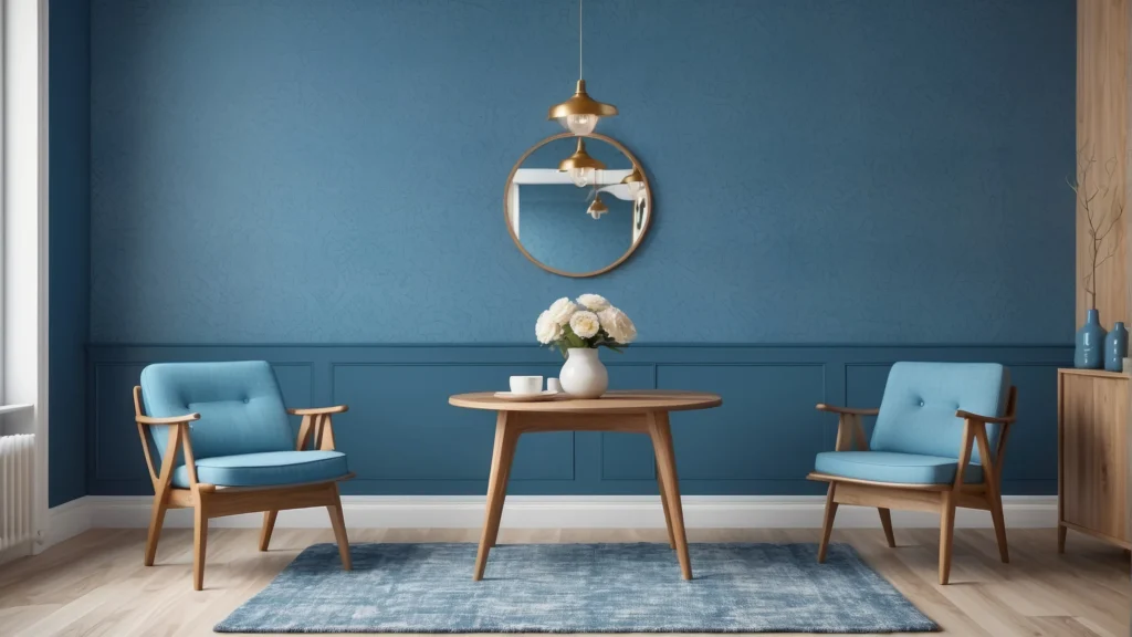 Blue Wall Living Room with Natural Wood Furniture