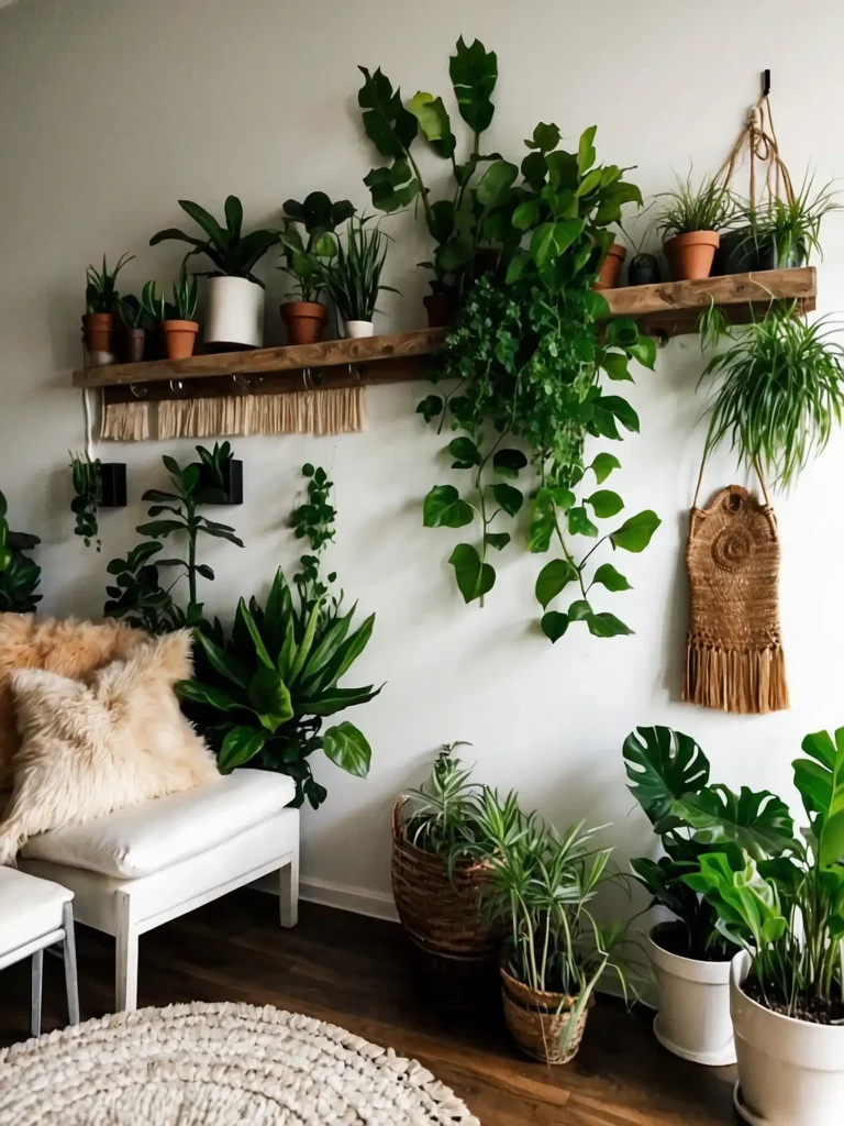 Boho-Style Living Room Plant Wall