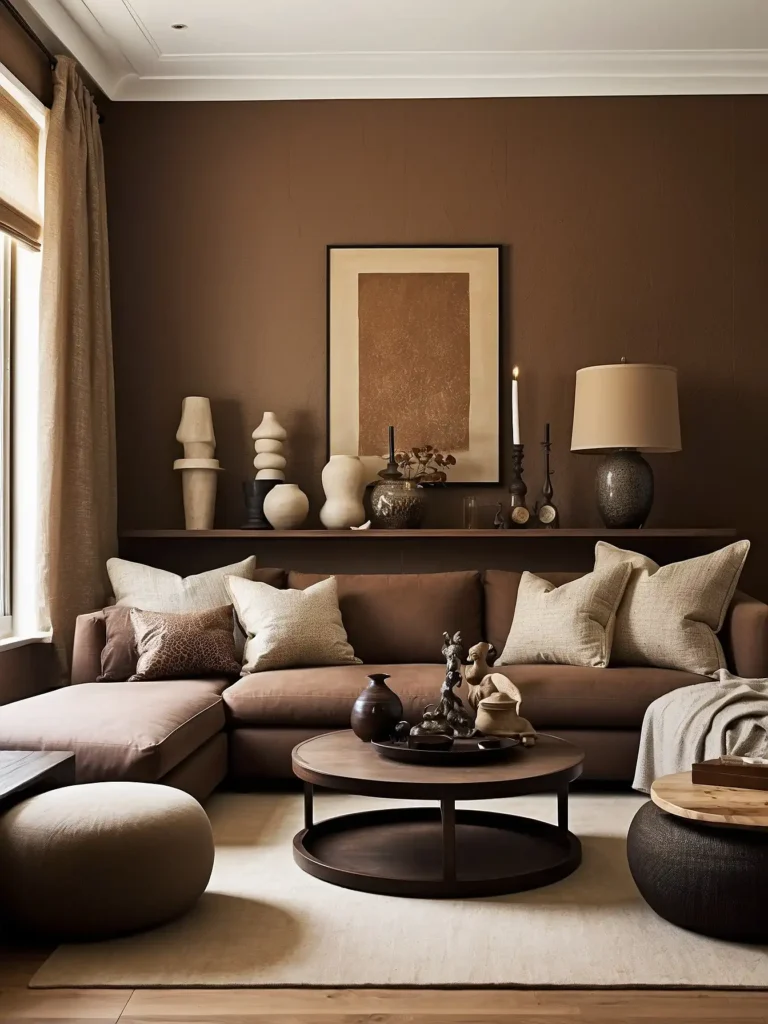 Brown Living Room Walls with Textured Wallpaper