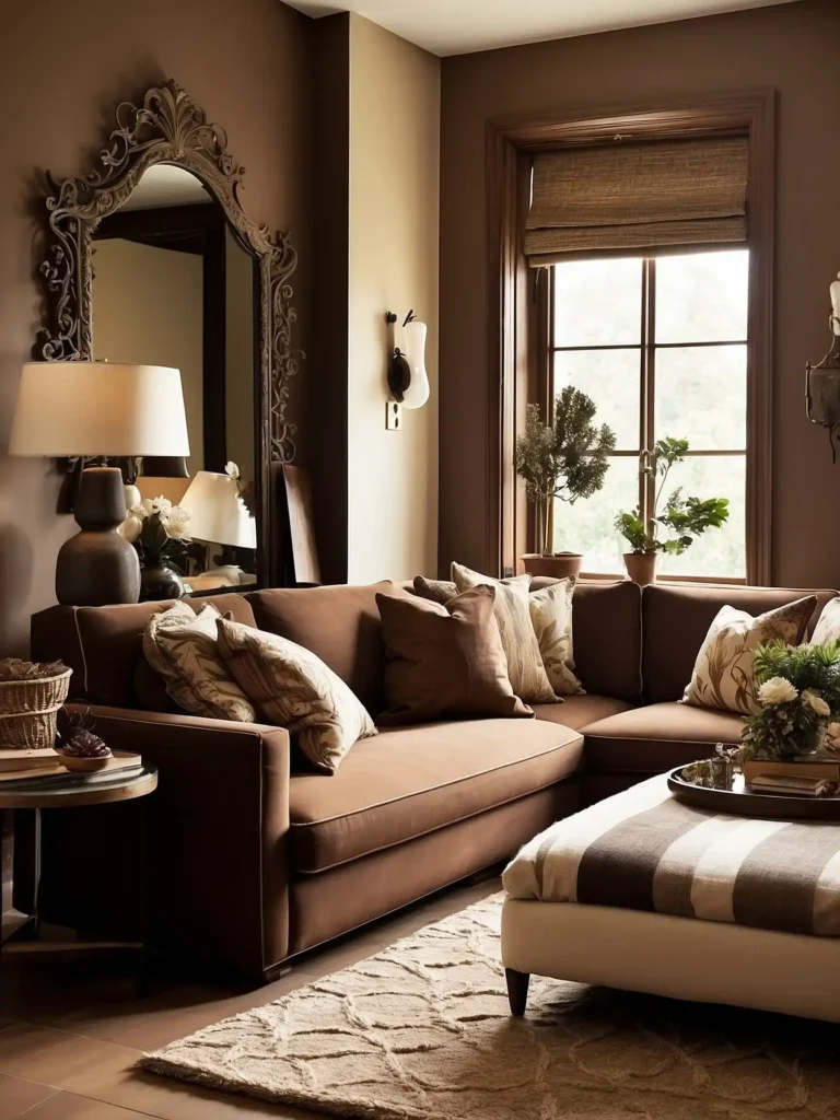 Brown Walls with a Large Mirror to Add Light