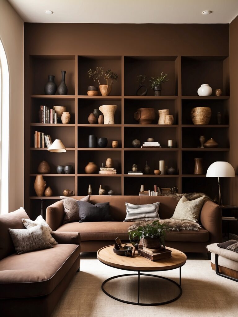 Brown Walls with Built-In Shelves