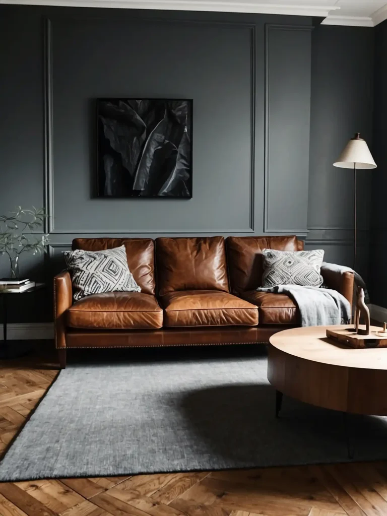 Grey Walls with a Leather Sofa
