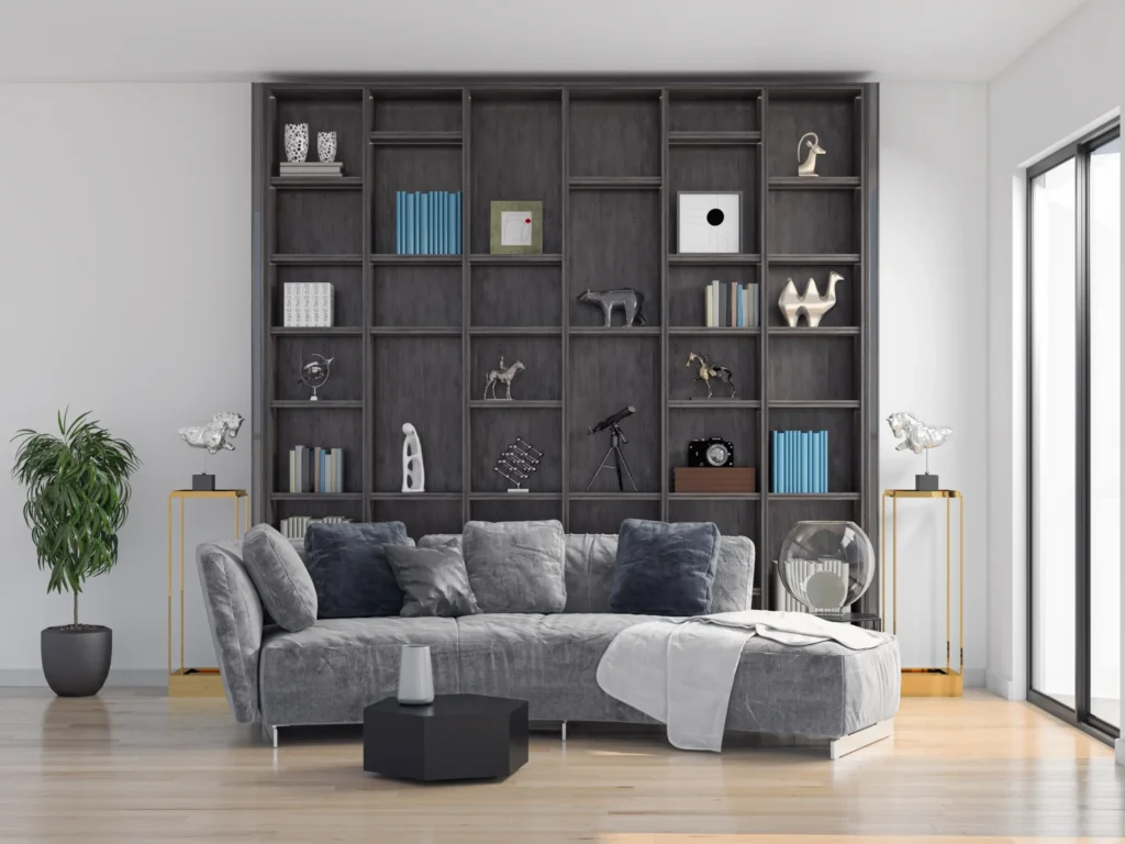  Grey Walls with Built-In Shelving