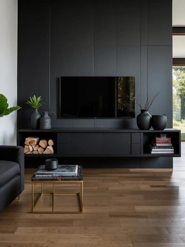 Matte Black TV Wall with Floating Console
