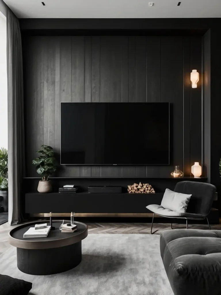  Minimal Black TV Wall with Hidden Cables