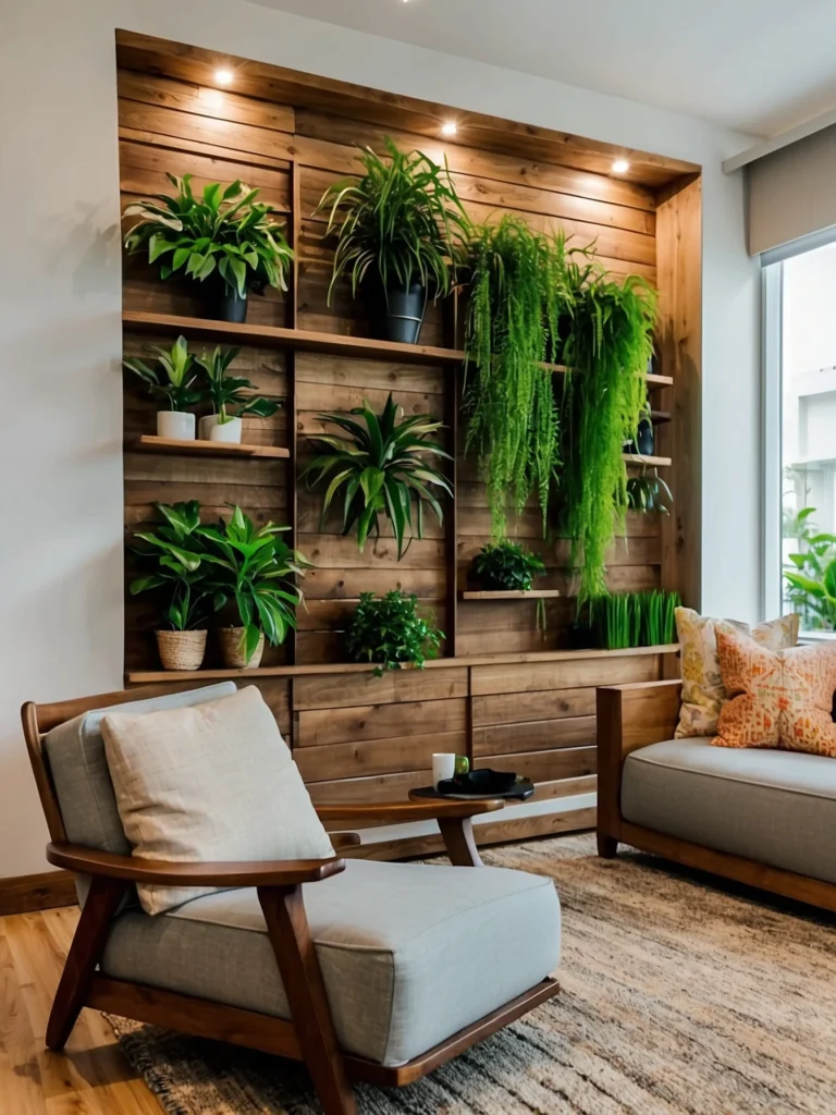 Wood Panel Wall With Built-In Plants