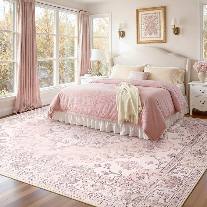 Vintage feminine bedroom ideas with floral vintage-style area rug under bed, cozy decor
