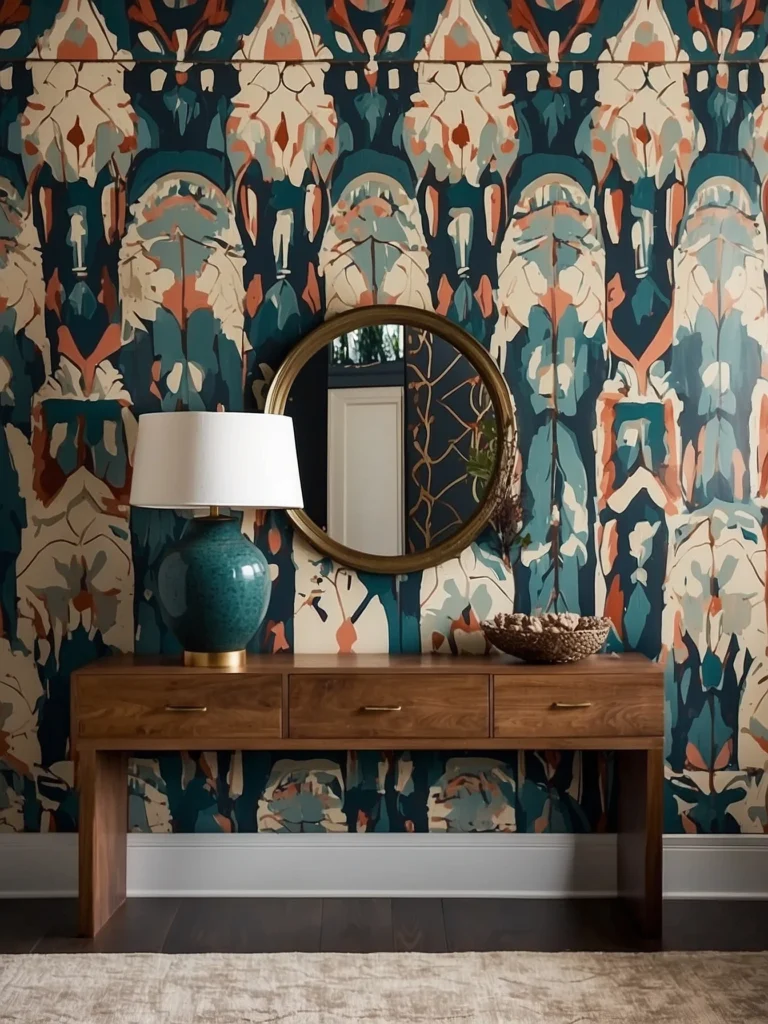 Abstract artistic entryway wallpaper ideas with modern colorful wall design in contemporary hallway.