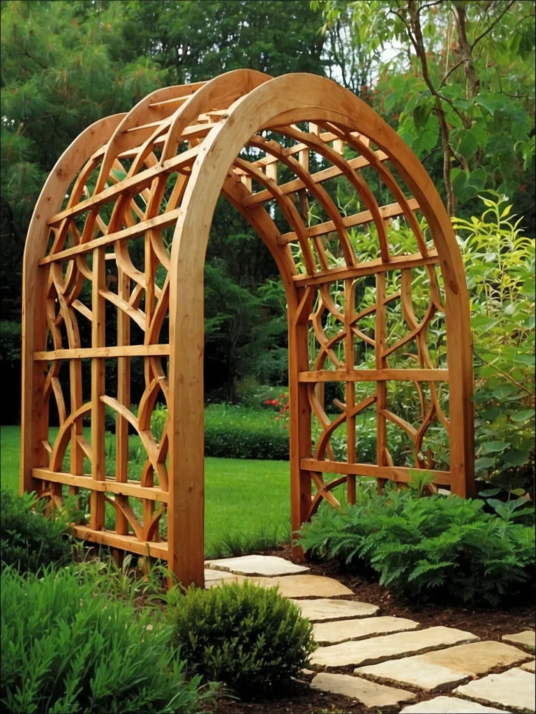 arched wood lattice trellis ideas for garden entrance