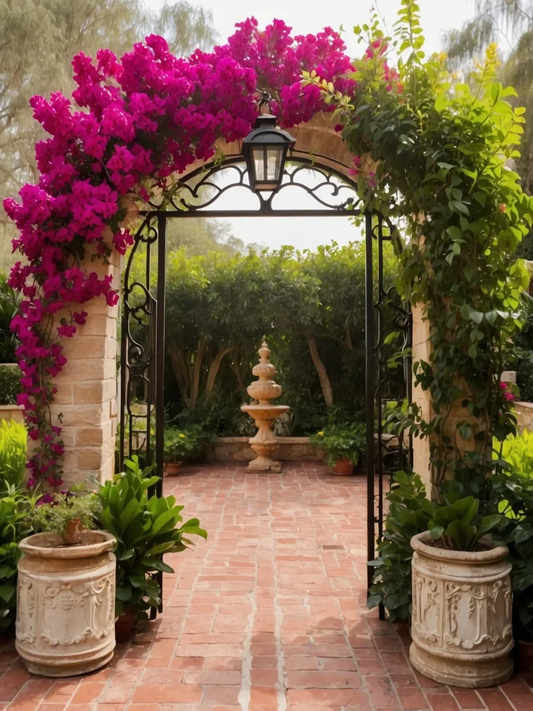 Bougainvillea trellis archway with climbing blooms and hanging lanterns for a magical garden feature.