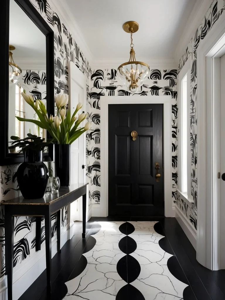 Black and white entryway accent wall wallpaper featuring bold monochrome geometric pattern.