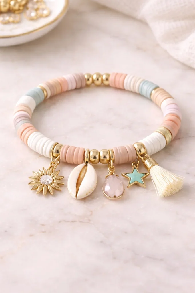 Boho style clay bead bracelet with shell charm and tassel details, handmade summer festival jewelry