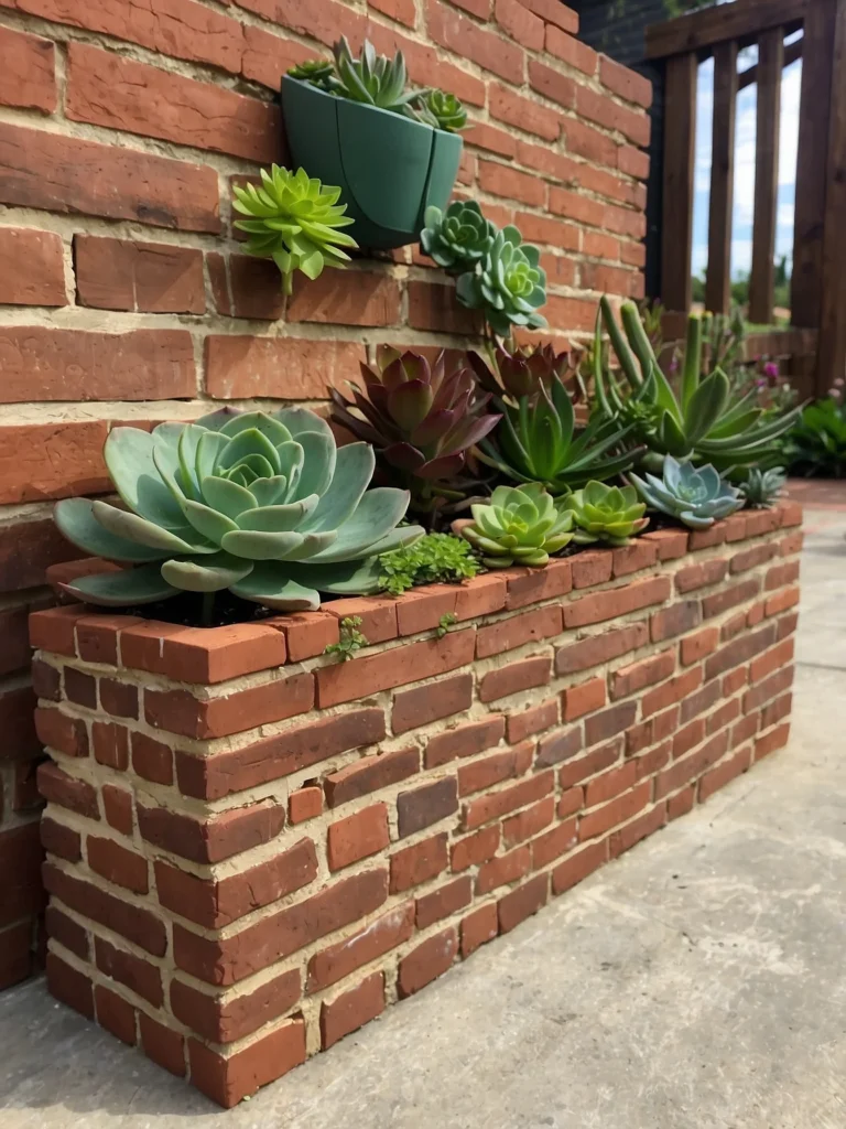 brick planter wall with succulents