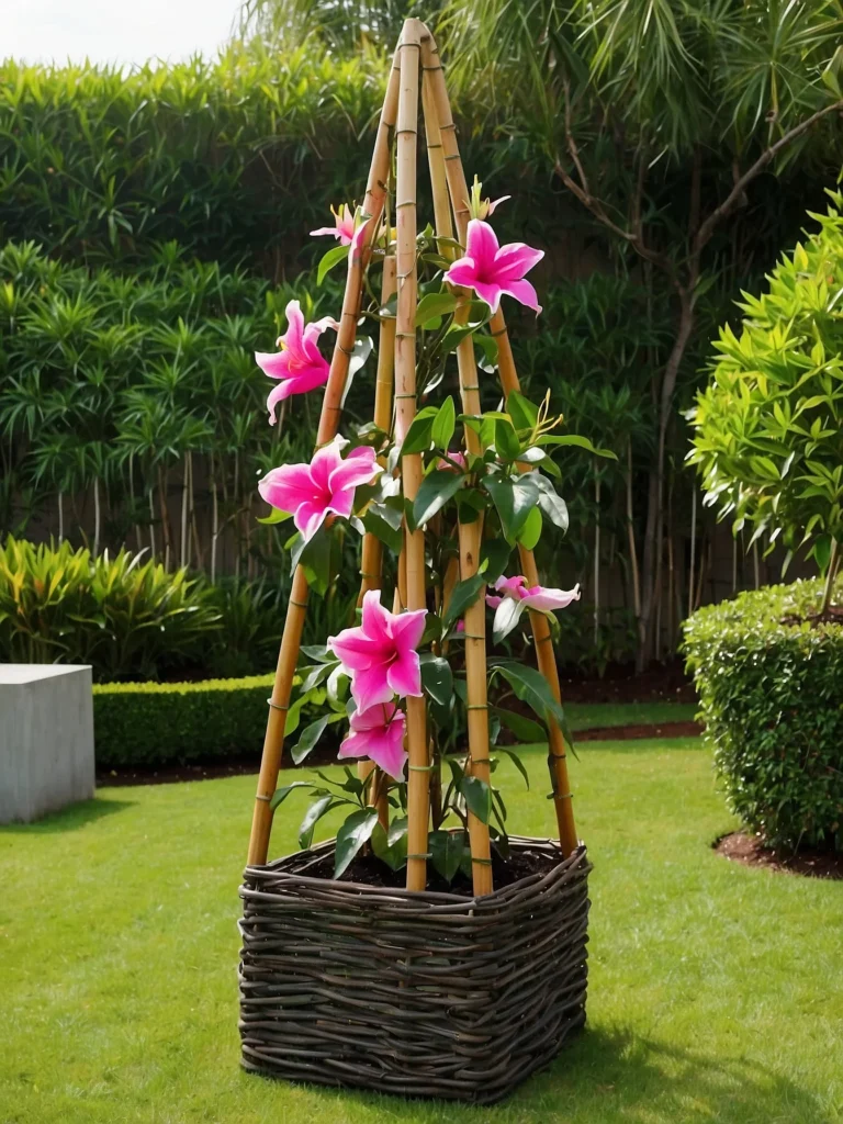 Classic bamboo obelisk mandevilla trellis ideas supporting tropical climbing vines in a patio container garden.
