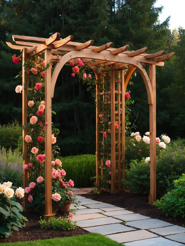 Classic garden arbor trellis supporting climbing roses, creating a vertical floral entrance in a backyard garden.