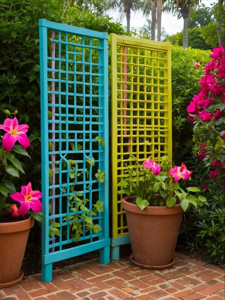 Colorful painted trellis panels supporting bright mandevilla flowers in a decorative outdoor patio setting.
