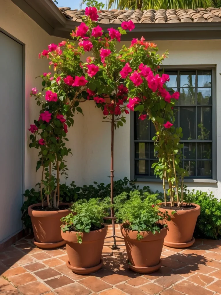 Corner bougainvillea trellis stand maximizing vertical space with vibrant climbing flower support.