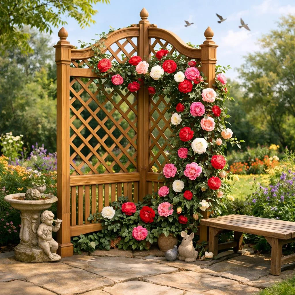Corner rose trellis supporting climbing roses to maximize vertical space in small garden areas.