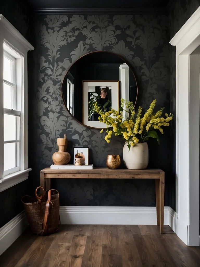 Dark and moody entryway wallpaper ideas with deep navy walls and dramatic modern hallway styling.