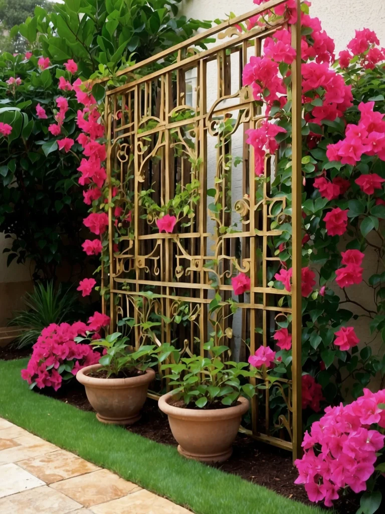 Ornamental metal trellis panels supporting bougainvillea vines, adding vertical beauty and artistic flair.