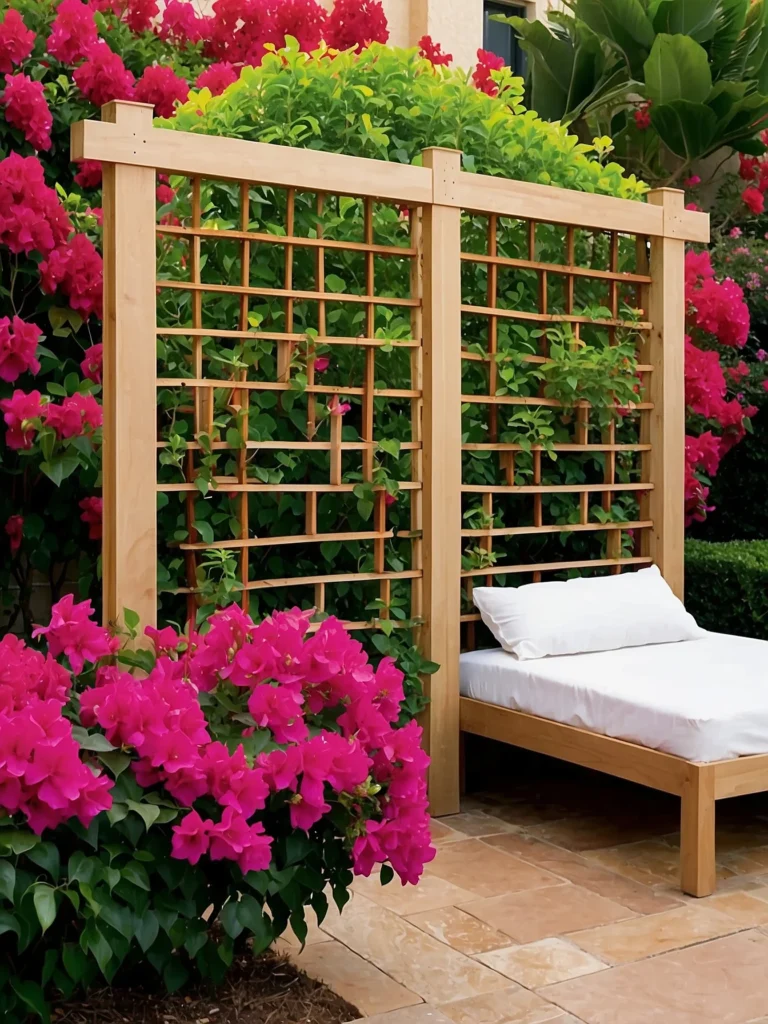 Side-by-side dual panel trellis supporting bougainvillea vines for balanced vertical growth in garden beds.