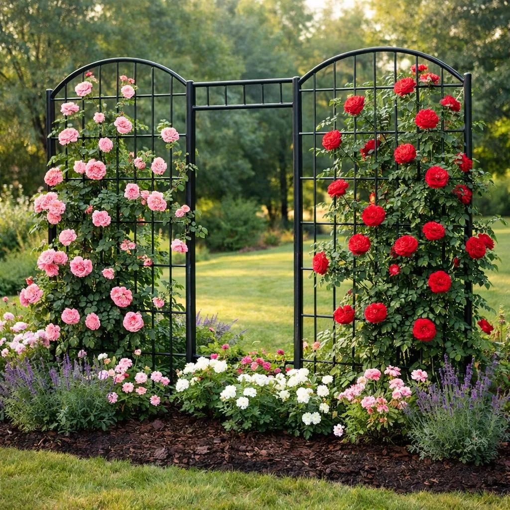 Dual-panel rose trellis ideas providing symmetrical vertical support for climbing roses in garden beds.