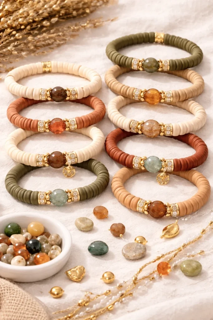 Earthy boho clay bead bracelet in olive rust and tan tones, handmade natural style jewelry idea