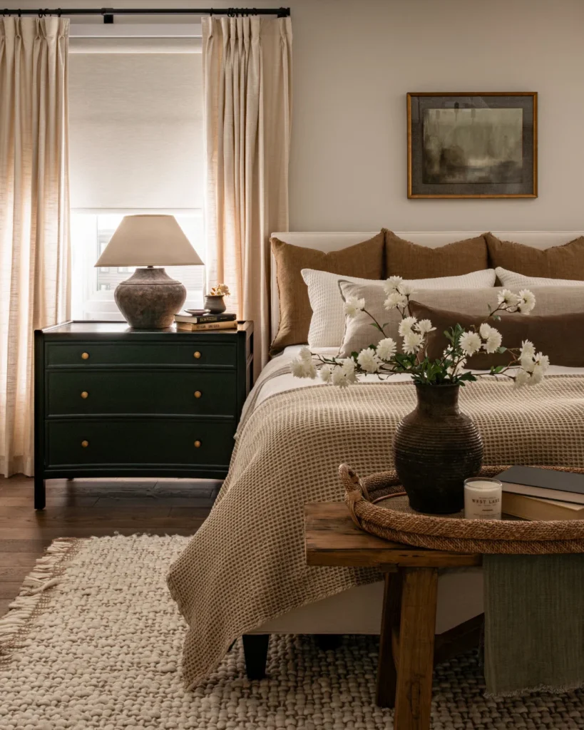 Vintage feminine bedroom ideas with earthy green tones, wooden accents, and moody vintage style