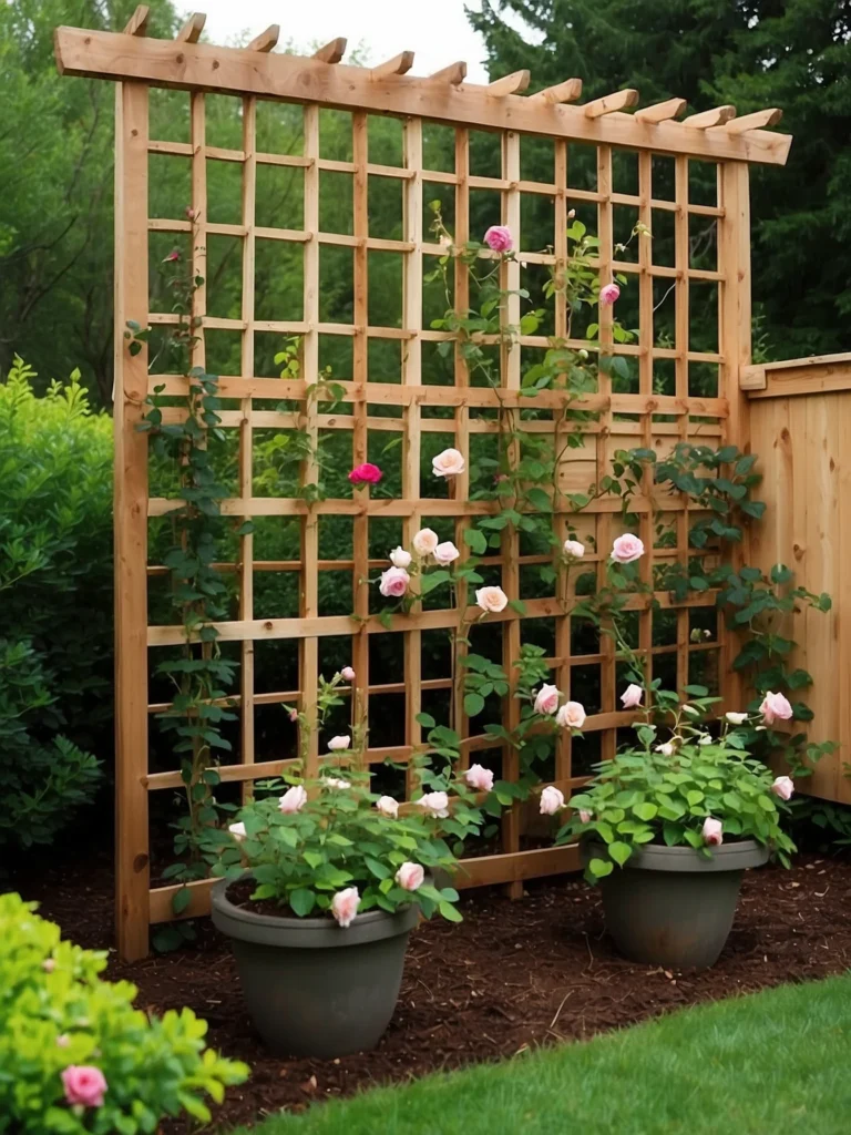 Rose trellis panels attached to a wooden fence supporting climbing roses in a backyard garden.