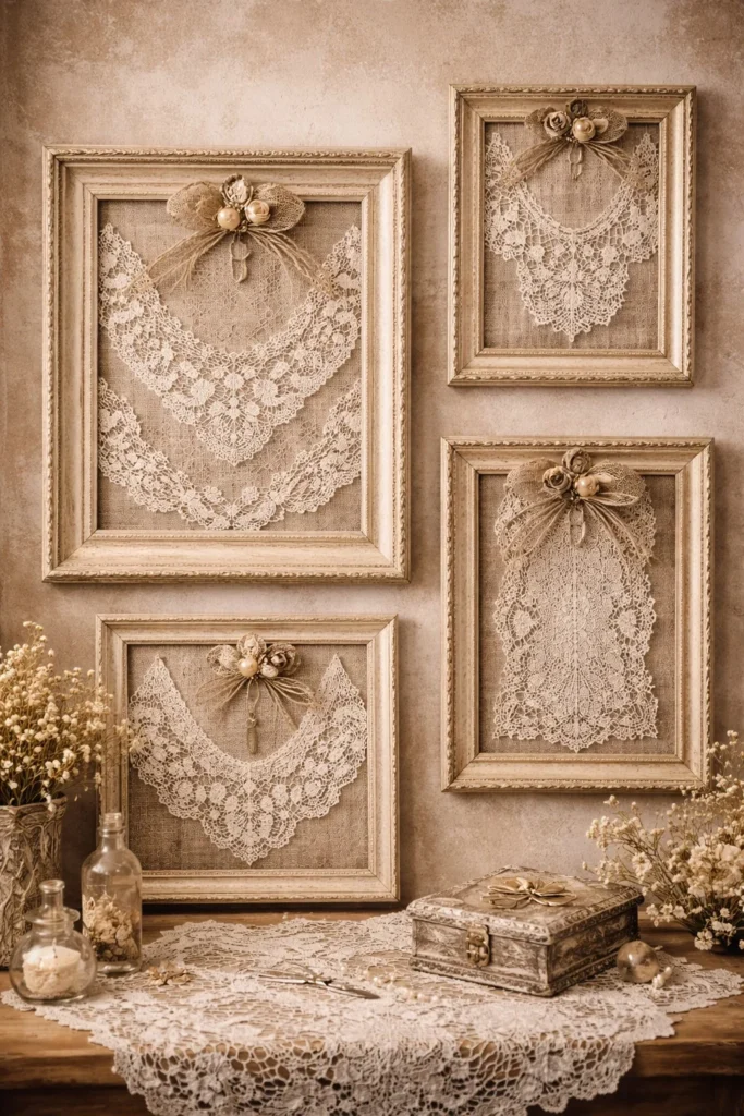 Elegant framed antique lace doily wall art on neutral linen background, trending lace home decor to sell for shabby chic and cottagecore interiors.