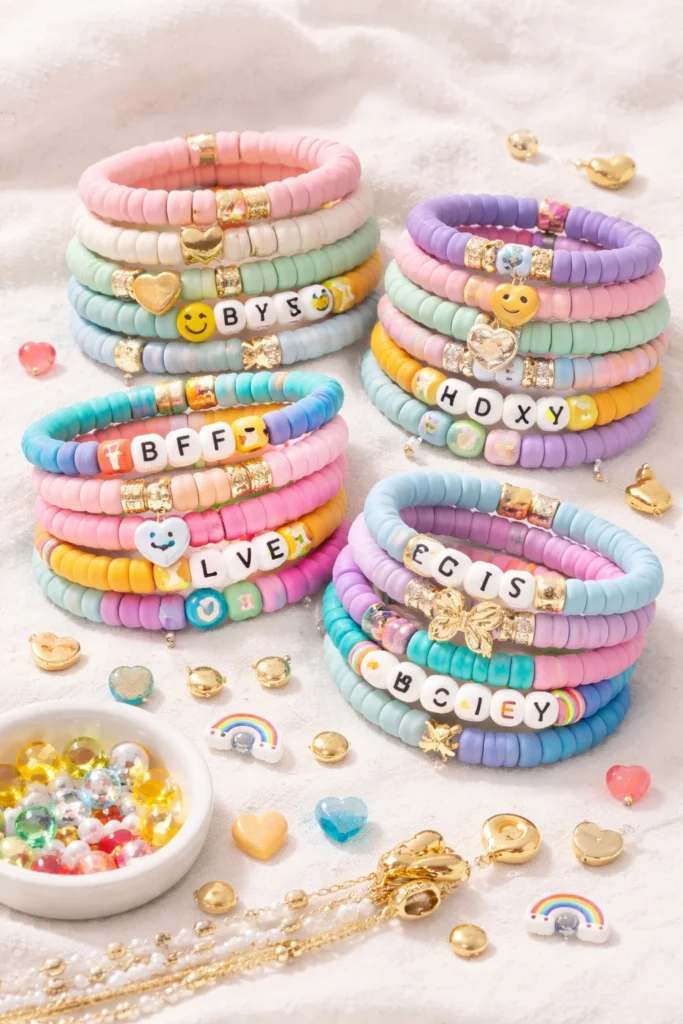 Friendship clay bead bracelet stack set with colorful matching designs, handmade best friend gift idea