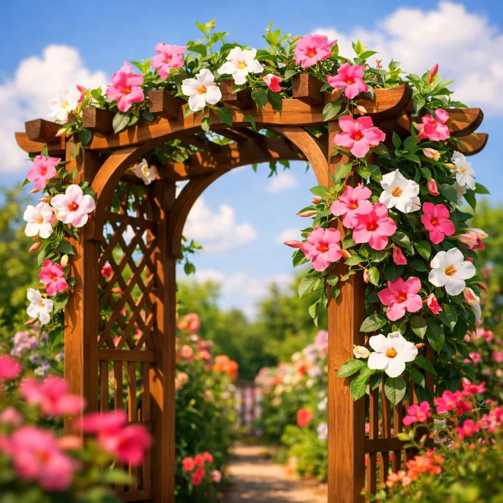 Large garden arbor trellis with mandevilla vines climbing both sides for a grand floral entryway.