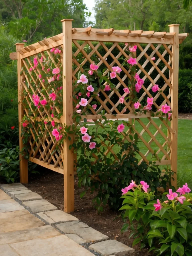 Garden screen divider trellis covered with dense mandevilla climbing vines creating backyard privacy.