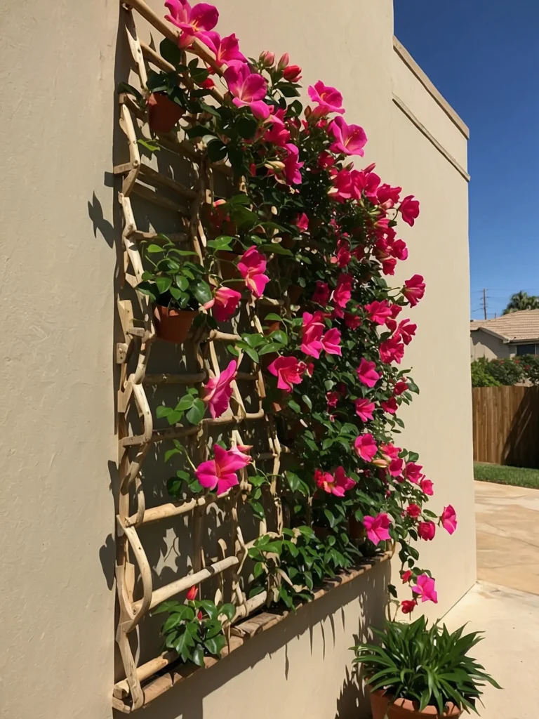 Geometric wall trellis with mandevilla climbing plant contrasting against clean modern patio lines.