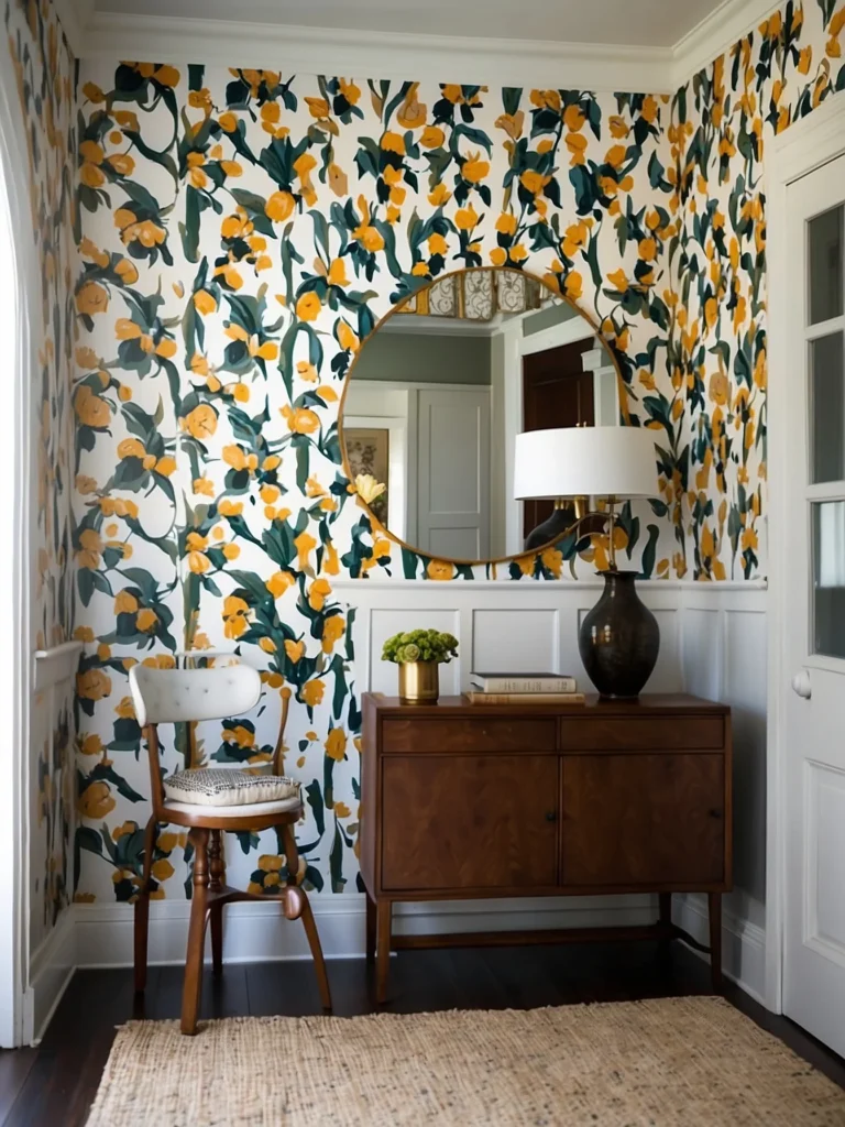 Half wall entryway wallpaper with wainscoting paneling creating layered and elegant hallway decor.