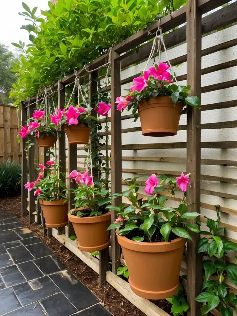 Hanging baskets paired with a mandevilla trellis allowing climbing vines to cascade over a balcony railing.