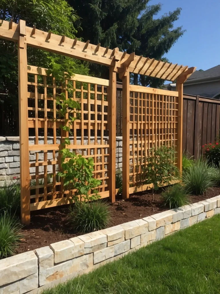 horizontal slat and lattice hybrid garden divider