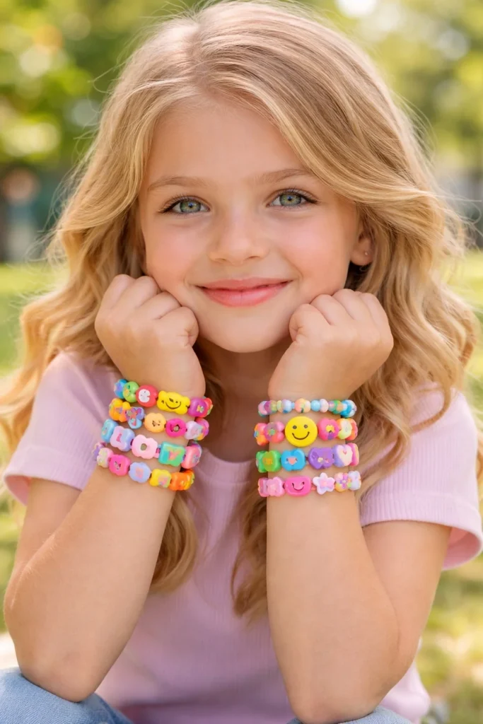Kids bright color clay bead bracelet in neon tones, fun handmade jewelry gift for children