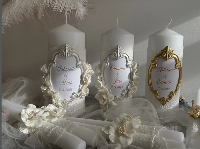 Pillar candle wrapped in delicate vintage lace with twine, simple DIY lace crafts for business for weddings and romantic home decor.