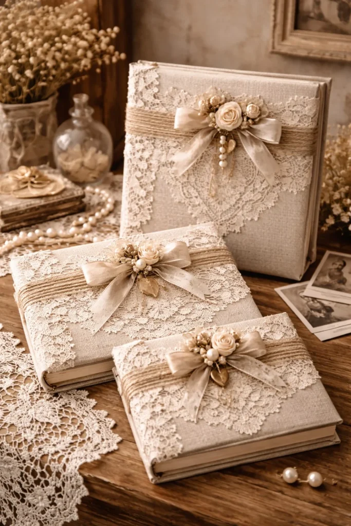 Handmade scrapbook photo album decorated with antique lace, sentimental vintage lace handmade items perfect for gifts and weddings.